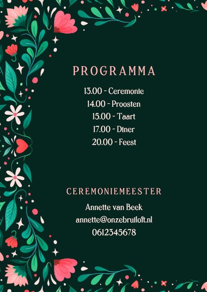 Trouwkaart met vrolijk geïllustreerd bloemenkader 2