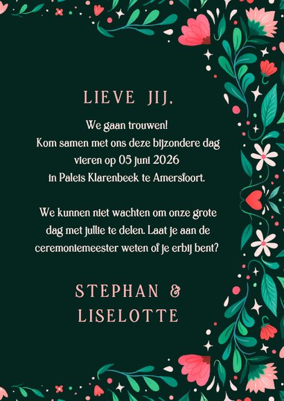 Trouwkaart met vrolijk geïllustreerd bloemenkader 3