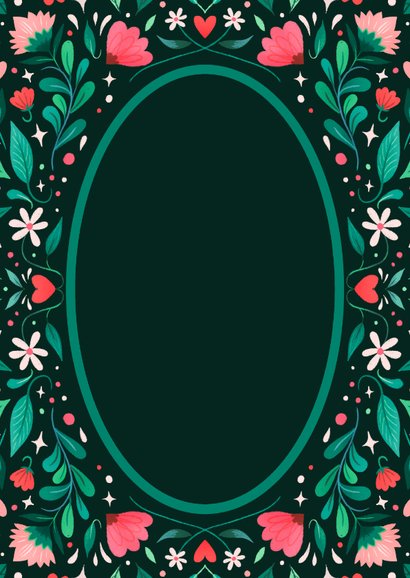 Trouwkaart met vrolijk geïllustreerd bloemenkader Achterkant