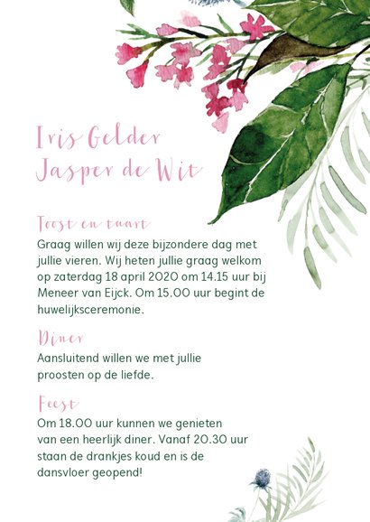 Trouwkaart met watercolor bloemen en bladeren 3