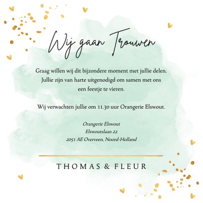 Trouwkaart mintgroen waterverf confetti goudlook 3