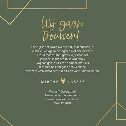 Trouwkaart modern stijlvol goud grafisch hartjes foto's 3