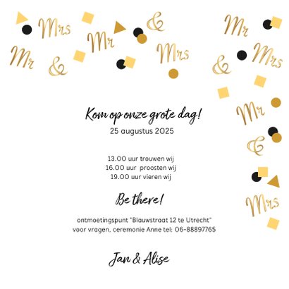 Trouwkaart Mr. & Mrs. in goud confetti 3