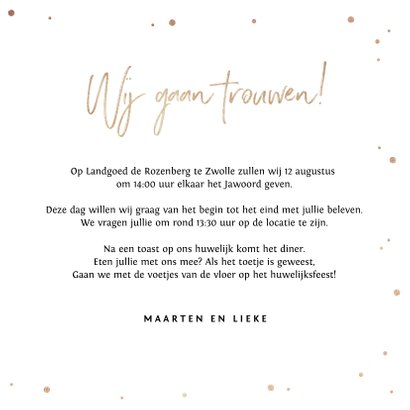 Trouwkaart Mr & Mrs met goudlook tekst, confetti en hartjes 3