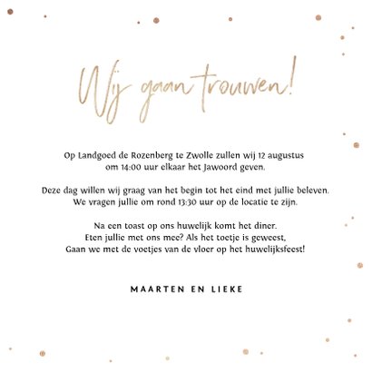 Trouwkaart Mr & Mrs met goudlook tekst, confetti en hartjes 3