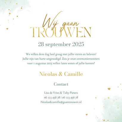 Trouwkaart mr. mrs. waterverf mintgroen goudlook hartjes 3