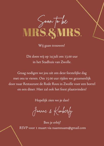 Trouwkaart mrs and mrs goud hartjes foto 3