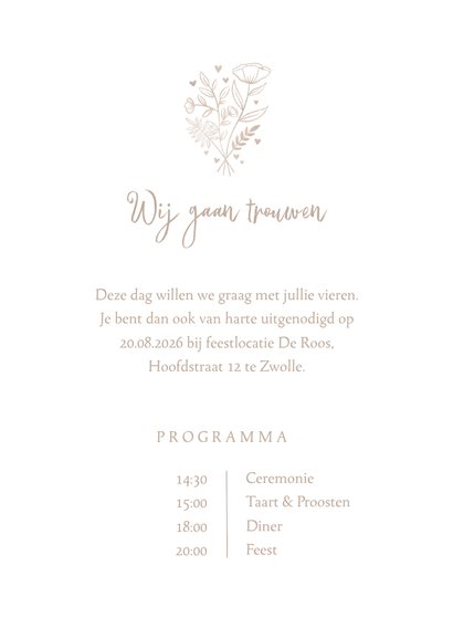 Trouwkaart naturel waterverf achtergrond, wit bosje bloemen 3