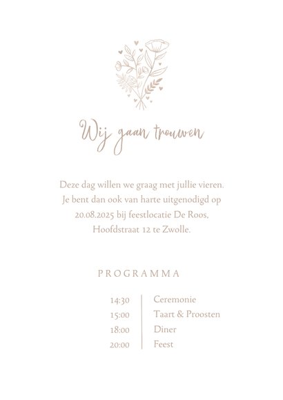 Trouwkaart naturel waterverf achtergrond, wit bosje bloemen 3