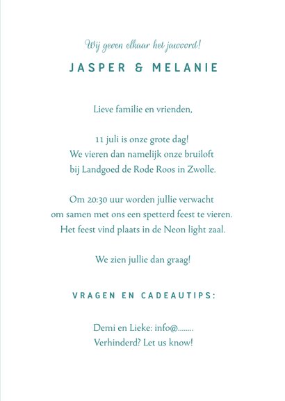 Trouwkaart neon stijlvol met hartjes 3