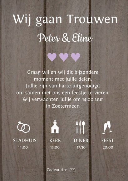 Trouwkaart paarse hartjes hout 3