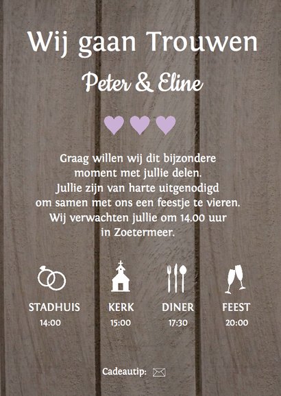 Trouwkaart paarse hartjes hout 3
