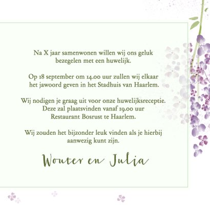 Trouwkaart paarse seringen 3
