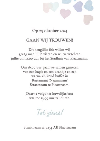Trouwkaart pastelkleurige hartjes 3