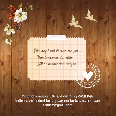 Trouwkaart romantisch bloemen hout 2