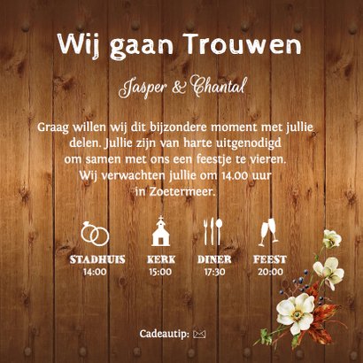 Trouwkaart romantisch bloemen hout 3