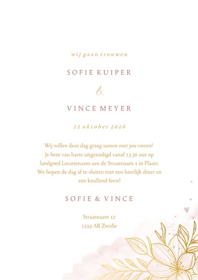 Trouwkaart romantisch gouden bloemen met roze waterverf 3