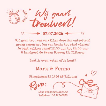 Trouwkaart roze doodle tijdlijn romantisch illustraties Achterkant