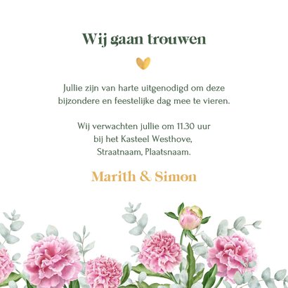 Trouwkaart roze pioenrozen en eucalyptustakjes 3