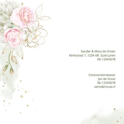 Trouwkaart roze rozen met goud 2
