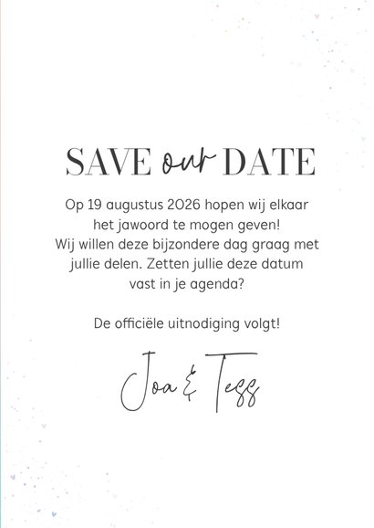 Trouwkaart save the date blauw roze holografisch met foto 3