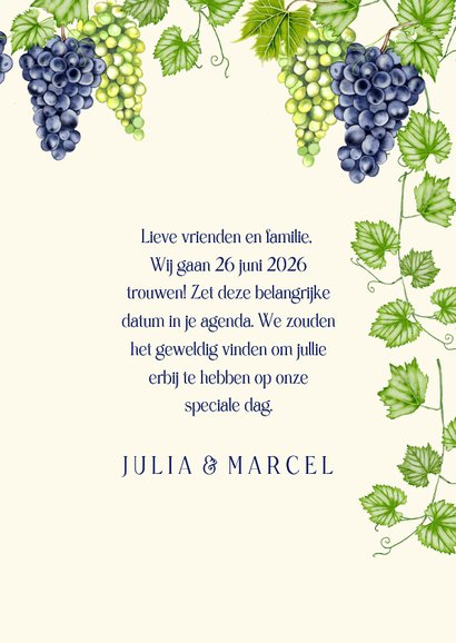 Trouwkaart save the date blauwe en groene druiven 3