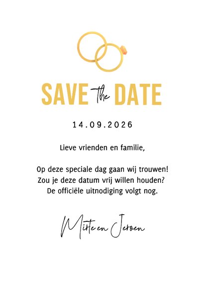Trouwkaart save the date grappig cartoon humor hartjes goud 3