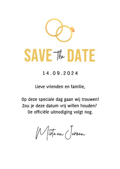 Trouwkaart save the date grappig cartoon humor hartjes goud 3