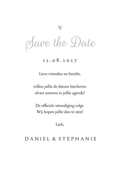 Trouwkaart save the date klassiek zilver met hartjes 3