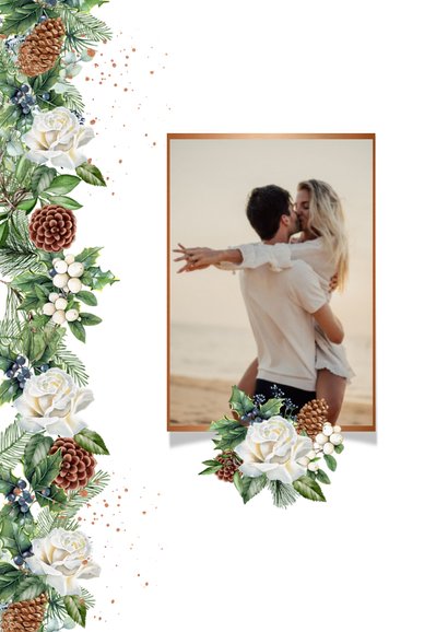 Trouwkaart save the date krans rozen met kersttakken 2
