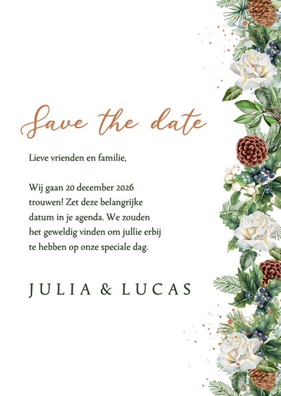 Trouwkaart save the date krans rozen met kersttakken 3