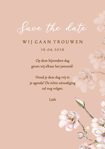 Trouwkaart Save the date magnoliabloemen 3