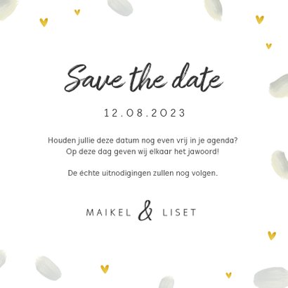 Trouwkaart save the date romantisch met veren en hartjes 3