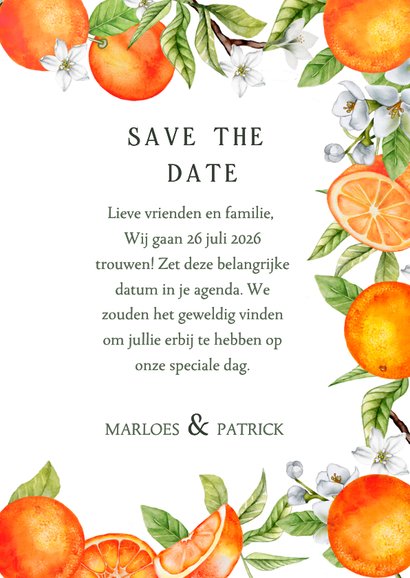 Trouwkaart save the date sinaasappels met bloesem 3
