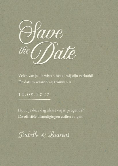 Trouwkaart save the date vintage kant kraft groen klassiek 3