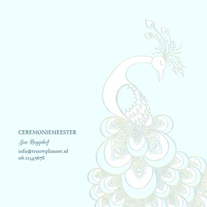 Trouwkaart sierlijke pauw wit/goud op blauw 2