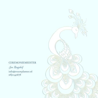 Trouwkaart sierlijke pauw wit/goud op blauw 2