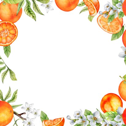 Trouwkaart sinaasappels bloesem Achterkant