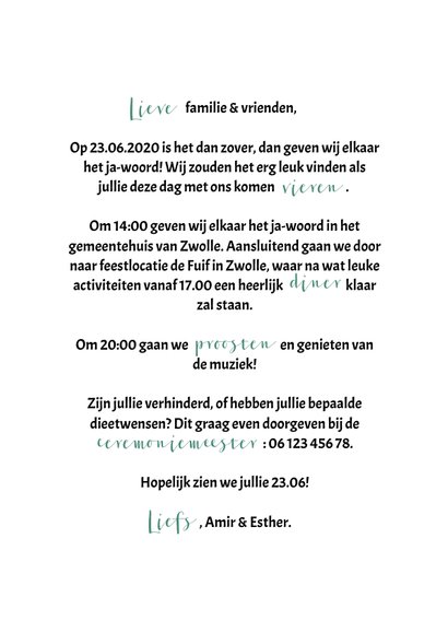Trouwkaart staand met fotocollage, label, namen 3