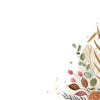 Trouwkaart stijlvol droogbloemen vintage goud hartjes Achterkant