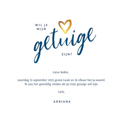 Trouwkaart stijlvol getuige goud blauw spetters 3