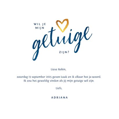 Trouwkaart stijlvol getuige goud blauw spetters 3