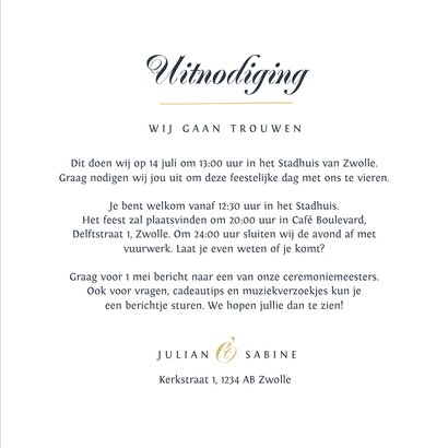 Trouwkaart stijlvol kalligrafie hartjes goud chique foto 3