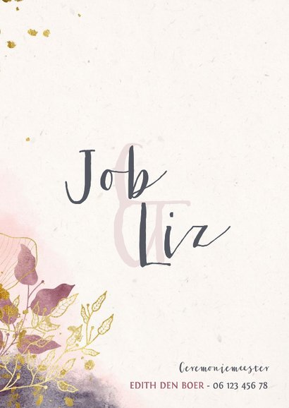 Trouwkaart stijlvol met waterverf en gouden bloemen 2