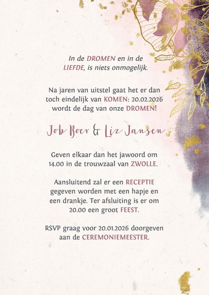 Trouwkaart stijlvol met waterverf en gouden bloemen 3