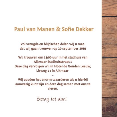 Trouwkaart stoer hout met foto 3