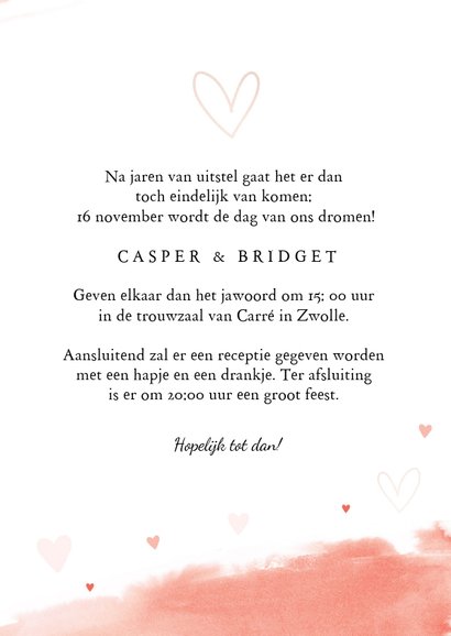 Trouwkaart summer coral met waterverf en hartjes 3