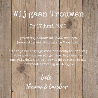 Trouwkaart typografie hartje houtlook 3