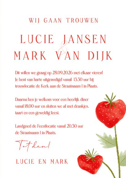 Trouwkaart uitnodiging aardbeien rood ruitjes 3