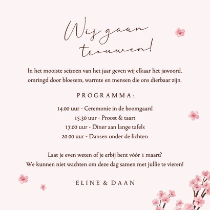 Trouwkaart uitnodiging bloesem bloemen lente bruiloft roze 3